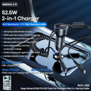 Power Car Charger 52.5W PD+QC Remax RCC336 set iPhone+TypeC - ឆ្នាំងសាកក្នុងឡាន 52.5W PD+QC Remax RCC336 ឈុត iPhone+TypeC