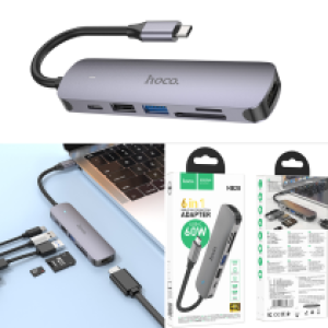 Converter TypeC to HDMI+USB3.0+USB2.0+SD+TF+PD hoco HB28 - ដុំបំបែក Type-C ហូកូ HB28 HUB(HDMI+USB3.0+USB2.0+SD+TF+PD)