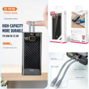 Power Bank XO PR196 PD20W/QC22.5W(TypeC/Lighting) 20000mAh - ថ្មជំនួយ XO PR196 PD20W/QC22.5W (Type-C/Lighting) 20000 មីលីអំពែ