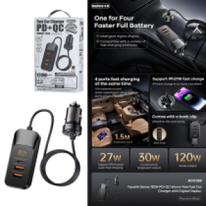 Power Car Charger Remax RCC355 120W PD+QC 2A+1C - ឆ្នាំងសាកក្នុងឡាន Remax RCC355 120W PD+QC 2A+1C
