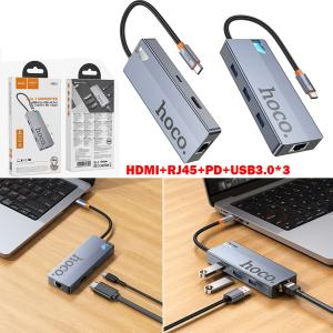 HUB Converter TypeC to 6in1 (HDMI+RJ45+PD+USB3.0*3) hoco HB51 - ដុំបំបែក ហូកូ HB51 TypeC to 6in1(HDMI+RJ45+PD+USB3.0*3)