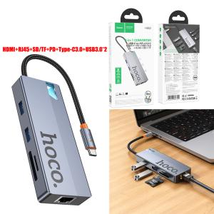 HUB Converter TypeC to (HDMI+RJ45+SD/TF+PD+Type-C3.0+USB3.0*2) hoco HB52 - ដុំបំបែក ហូកូ HB52 TypeC to (HDMI+RJ45+SD/TF+PD+Type-C3.0+USB3.0*2)