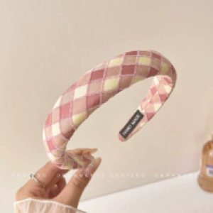 Headband D1 Women #pink wide border plaid - បូរសក់ D1 Women #pink wide border plaid