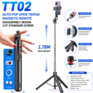 Selfie Stick Auto Pop Open Tripod Bluetooth Remote TT02 1.8m - ដងថត ជើងត្រៃផតធ្លាកបើអូតូ ប្លូធូសតេឡេ TT02 1.8ម៉ែត