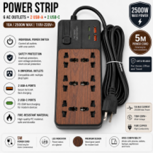 Power Strip 6Socket 2USB+2C S680 5M - ព្រីភ្លើង 6រុនភ្លើង និង 2USB+2C S680 5M