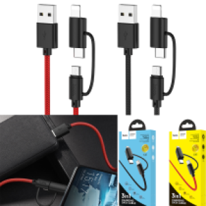 Cable Charger 3in1 Hoco X41(iPhone+Micro+Type C) - ខ្សែសាកស្រោបក្រណាត់ ហូកូ X41 អាយហ្វូន+ម៉ាយក្រូ+ថាយស៊ី