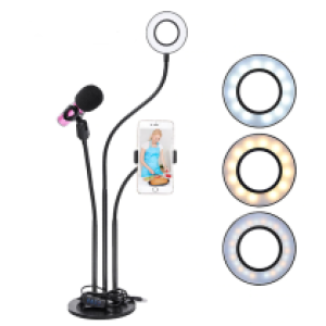 Holder LED Selfie Ring Live 1clipper+Microphone Clip - ជើងចាប់តុ+អំពូលLEDស៊ែលហ្វីមូលក្រចាប់១ក្រចាប់មេក្រូ