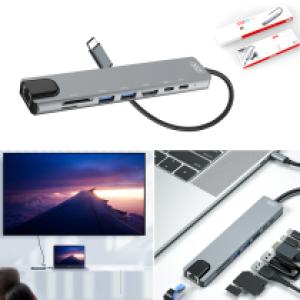 Converter TypeC to HDMI/VGA/RJ45/USB/SD/TF/Lightning PD/ XO HUB003 8in1 - ដុំបំបែកType C XO HUB003 8in1(PD Fast,HDMI,TF Card,VGA...)