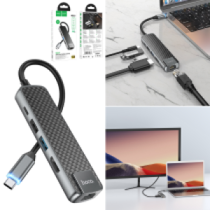 Converter TypeC to HDTV/USB3.0/USB2.0/RJ45/Lightning PD hoco HB23 5in1 - ដុំបំបែក ហូកូ​ HB23 (Type-C to DMI+USB3.0+USB2.0+RJ45+PD)