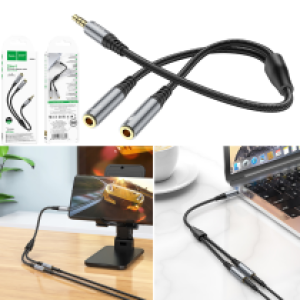 Converter AUX to AUX 2female hoco UPA21 2in1 - ខ្សែសំឡេង តបន្ថែម hoco UPA21 2-in-1(male to 2*female)