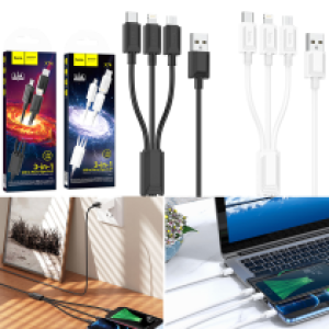 Cable Charger 3in1 hoco X74 (Micro+iPhone+Type-C) - ខ្សែសាកក្រណាត់ ហូកូ X74 ថាយស៊ី+ម៉ាយក្រូ+អាយហ្វូន