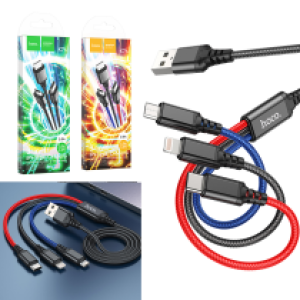Cable Charger 3in1 hoco X76 (Micro+iPhone+Type-C) - ខ្សែសាកក្រណាត់ ហូកូ X76 ថាយស៊ី+ម៉ាយក្រូ+អាយហ្វូន
