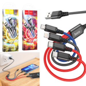 Cable Charger 4in1 hoco X76(Micro+iPhone+2Type-C) - ខ្សែសាកក្រណាត់ ហូកូ X76 4in1 2ថាយស៊ី+ម៉ាយក្រូ+អាយហ្វូន