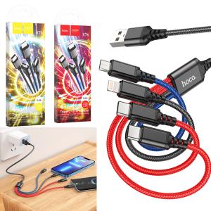 Cable Charger 4in1 hoco X76(Micro+iPhone+2Type-C) - ខ្សែសាកក្រណាត់ ហូកូ X76 4in1 2ថាយស៊ី+ម៉ាយក្រូ+អាយហ្វូន