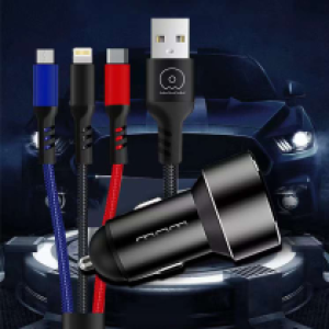 Power Car Charger 3in1 WUW-T44 Micro+iPhone+Type C - ឆ្នាំងសាកក្នុងឡាន 3in1 វ៉ូ-T44 Micro+iPhone+Type C