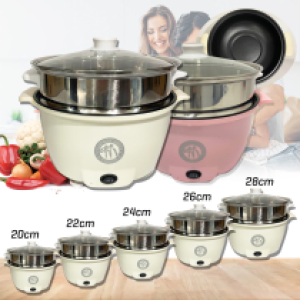 Electric hot pot with steamer 2horse 28cm non stick - ឆ្នាំងស៊ុបអគ្គិសនី 28cm បាតខ្មៅ សេះក្បាល២