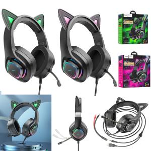 Headset Wire hoco W107 Cute cat luminous - កាសប្ល៊ូធូសក្តោបត្រជៀក ហូកូ W107 Cute cat luminous