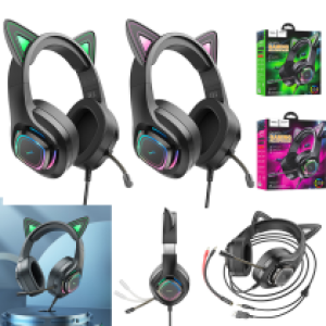 Headset Wire hoco W107 Cute cat luminous - កាសប្ល៊ូធូសក្តោបត្រជៀក ហូកូ W107 Cute cat luminous