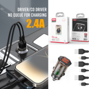 Power Car Charger XO CC49 transparent 2.4A set iPhone - ឆ្នាំងសាកក្នុងឡាន អ៊ិចអូ XO CC49 2.4A ថ្លា ឈុត Lightning