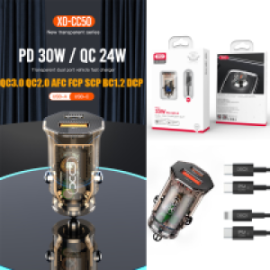 Power Car Charger PD/AFC/FCP/SCP/BC1.2/DCP XO CC50 set TypeC to iPhone - ឆ្នាំងសាកក្នុងឡាន អ៊ិចអូ CC50 PD+AFC+FCP+SCP+BC1.2+DCP ឈុត(C to iP)