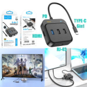 Converter TypeC to (HDTV+RJ45+USB+PD) hoco HB37 6in1 - ដុំបំបែក USB ហូកូ HB37(HDTV+RJ45+USB+PD) 6in1