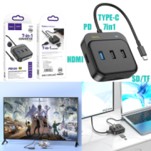 Converter TypeC to (HDTV+SD/TF+USB+PD) hoco HB38 7in1 - ដុំបំបែក USB ហូកូ HB38(HDTV+SD/TF+USB+PD) 7n1