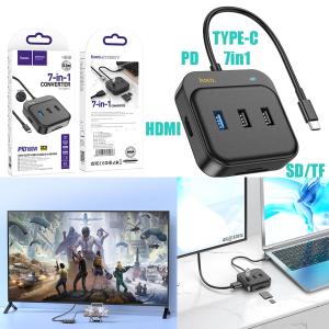 Converter TypeC to (HDTV+SD/TF+USB+PD) hoco HB38 7in1 - ដុំបំបែក USB ហូកូ HB38(HDTV+SD/TF+USB+PD) 7n1