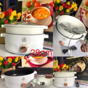 Electric hot pot with steamer KM-HP28 New - ឆ្នាំងស៊ុបអគ្គិសនី 28cm បាតខ្មៅថ្មី