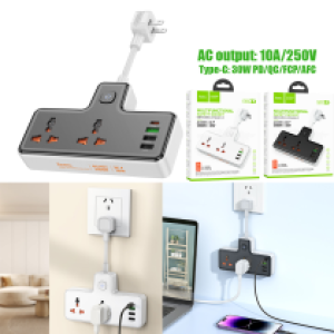Power Strip  hoco AC12 2socket 3USB 1Type-C: 30W(PD/QC/FCP/AFC) - ព្រីភ្លើង hoco AC12 2រុនភ្លើង 3USB 1TypeCType-C: 30W(PD/QC/FCP/AFC)