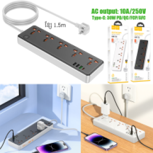 Power Strip  hoco AC14 5socket 3USB 1Type-C: 30W(PD/QC/FCP/AFC) - ព្រីភ្លើង hoco AC14 5រុនភ្លើង 3USB 1TypeCType-C: 30W(PD/QC/FCP/AFC)
