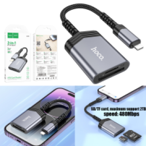 Converter OTG iPhone to card reader 2in1 hoco UA25  - ឌុយបំឡែង OTG អាយហ្វូនទៅ  card reader hoco UA25