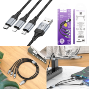 Cable Charger 3in1 hoco X102 (Micro+iPhone+Type-C) - ខ្សែសាកក្រណាត់ ហូកូ X102 ថាយស៊ី+ម៉ាយក្រូ+អាយហ្វូន