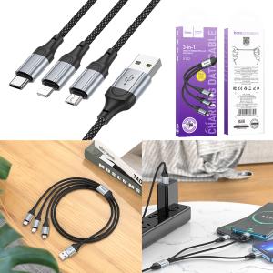 Cable Charger 3in1 hoco X102 (Micro+iPhone+Type-C) - ខ្សែសាកក្រណាត់ ហូកូ X102 ថាយស៊ី+ម៉ាយក្រូ+អាយហ្វូន